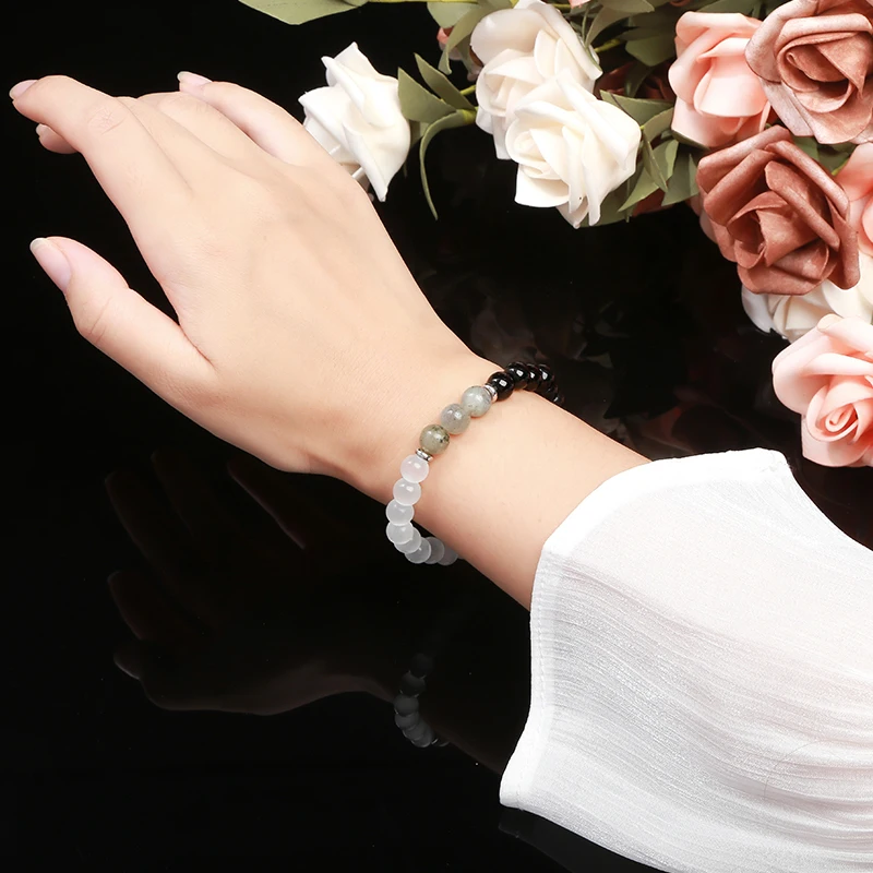 Natural White Cat Eyes Stone Spectrolite Stone Mixed Lucky Bracelet Women Trendy Round Bead Stretch Bangles Simple Jewelry - Image 5