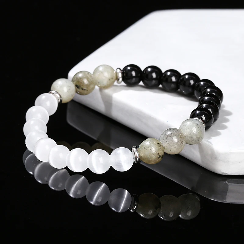 Natural White Cat Eyes Stone Spectrolite Stone Mixed Lucky Bracelet Women Trendy Round Bead Stretch Bangles Simple Jewelry