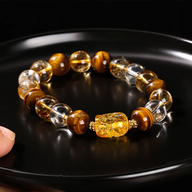 Natural Yellow Tiger Eye Stone Citrine Beeswax Pixiu Wealth Lucky Bracelet Women Men New Design Handmade Feng Shui Jewelry - Image 3