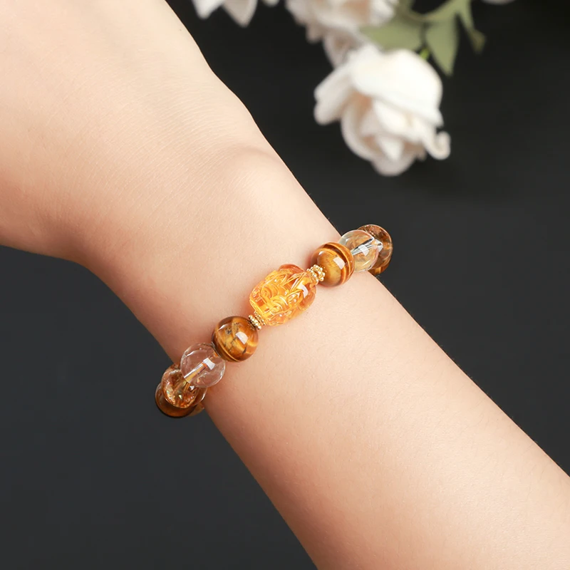 Natural Yellow Tiger Eye Stone Citrine Beeswax Pixiu Wealth Lucky Bracelet Women Men New Design Handmade Feng Shui Jewelry - Image 4