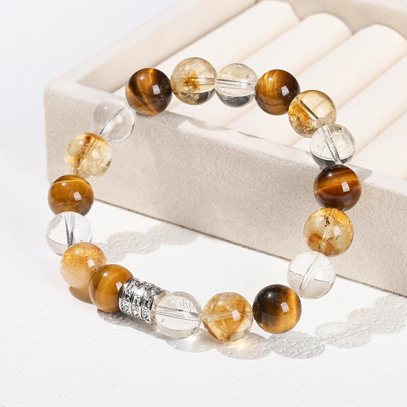 Natural Yellow Tiger Eye Stone Golden Quartz Mixed Wealth Lucky Bead Bracelet Women Men Lucky Bead Stretch Bangles Jewelry