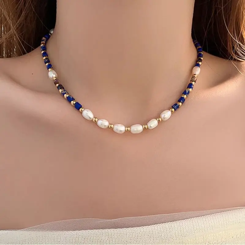 New Arrival 100% Natural Freshwater Pearl & Lapis Lazuli Stone 14K Gold Filled Female Beads Chain Necklace Jewelry For Women - Image 2