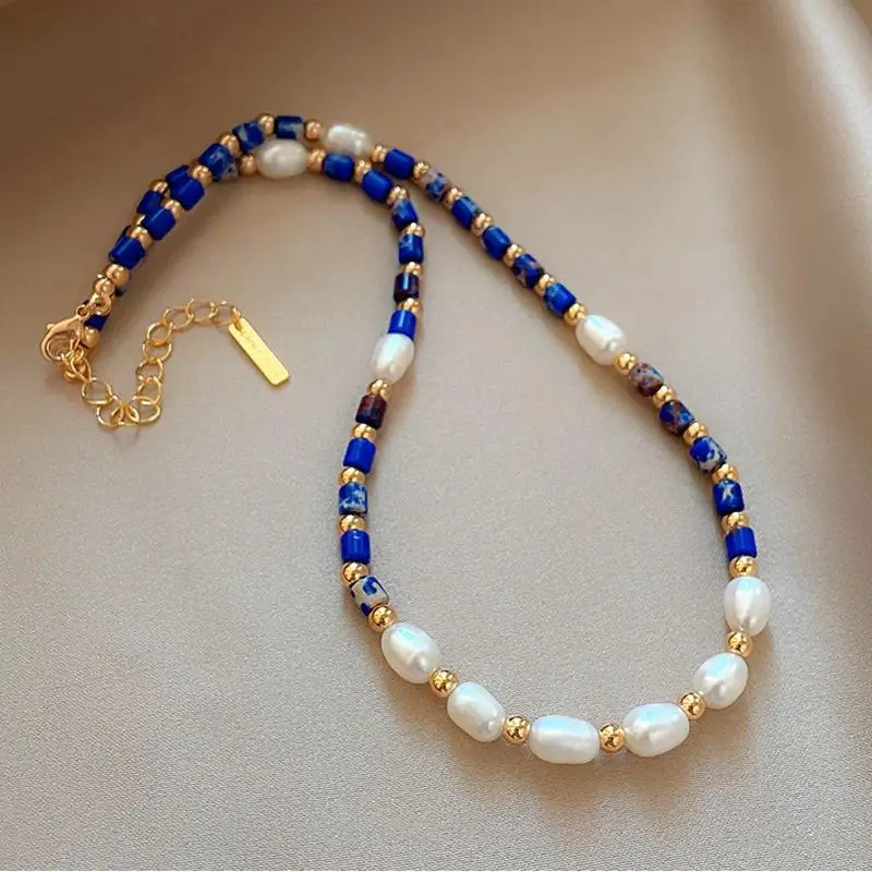 New Arrival 100% Natural Freshwater Pearl & Lapis Lazuli Stone 14K Gold Filled Female Beads Chain Necklace Jewelry For Women - Image 3