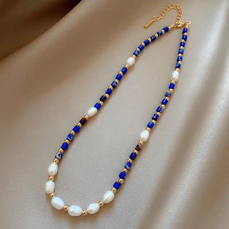 New Arrival 100% Natural Freshwater Pearl & Lapis Lazuli Stone 14K Gold Filled Female Beads Chain Necklace Jewelry For Women
