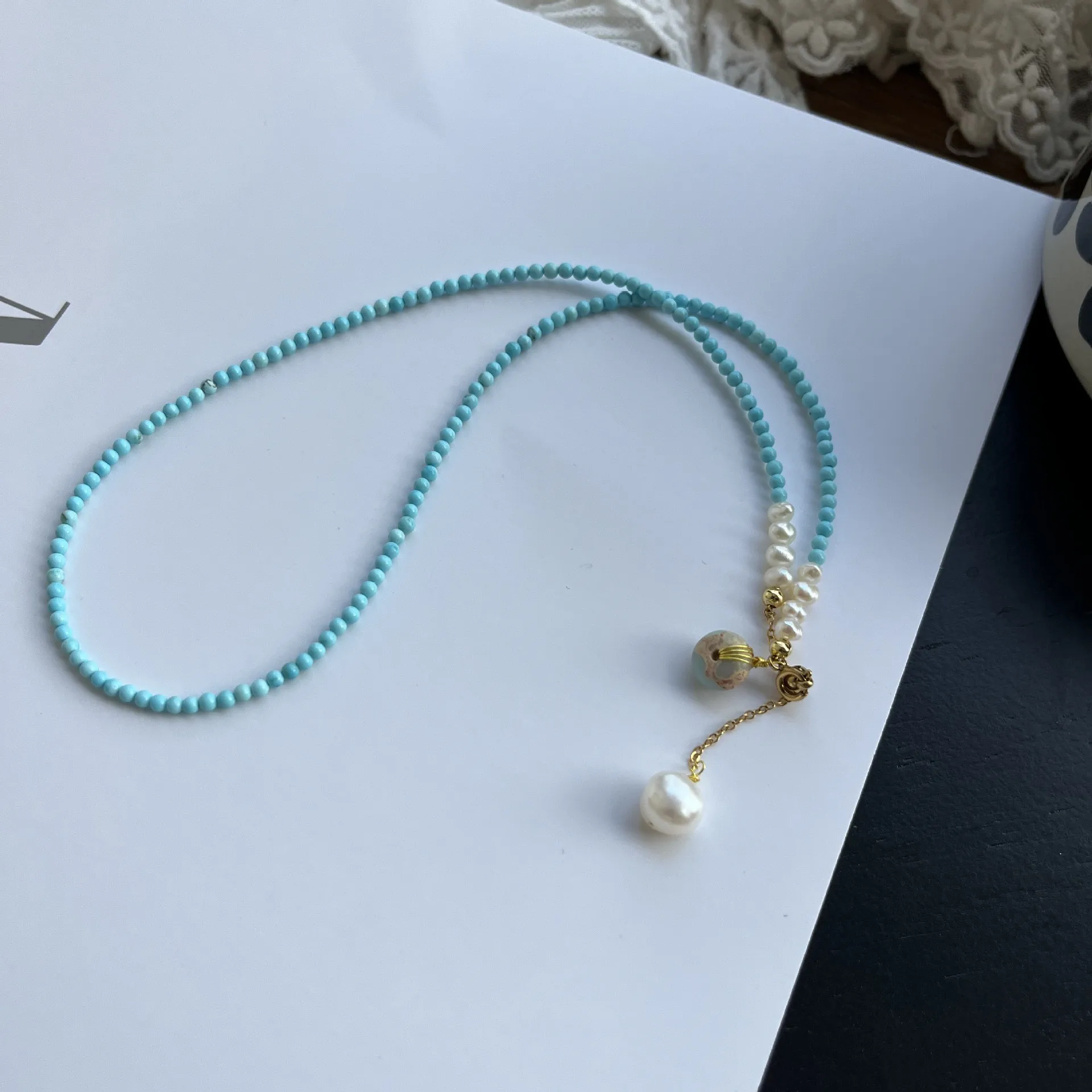 Bohemian 100% Natural Freshwater Pearl & Turquoise Stone 14K Gold Filled Ladies Chain Necklace Jewelry For Women Gifts - Image 2