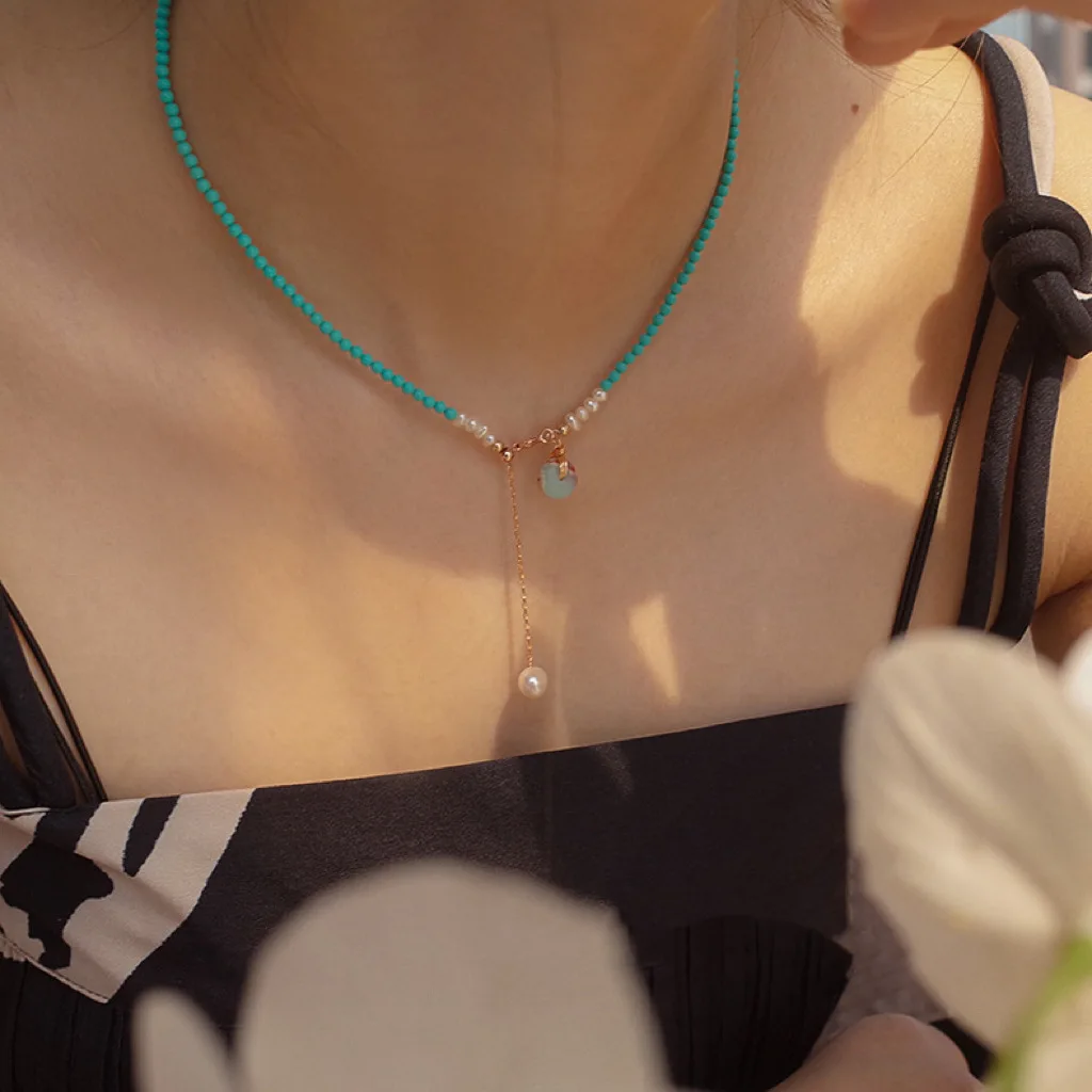 Bohemian 100% Natural Freshwater Pearl & Turquoise Stone 14K Gold Filled Ladies Chain Necklace Jewelry For Women Gifts - Image 5