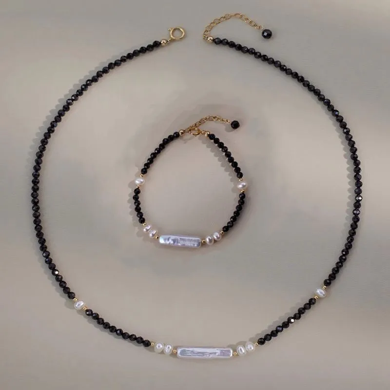 New Arrival Elegant Natural Baroque Freshwater Pearl & Black Crystal 14K Gold Filled Female Jewelry Set For Necklace Bracelet