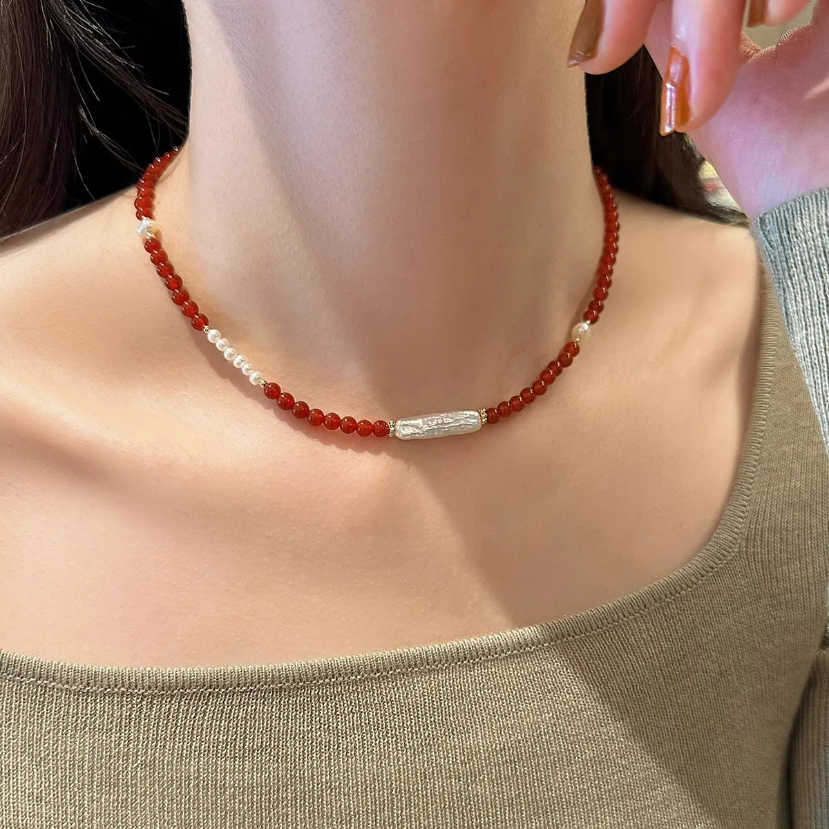 New Arrival Natural Freshwater Pearl & Red Agate 14K Gold Filled Female Jewelry Sets For Women Necklace Bracelet Birthday Gifts - Image 2