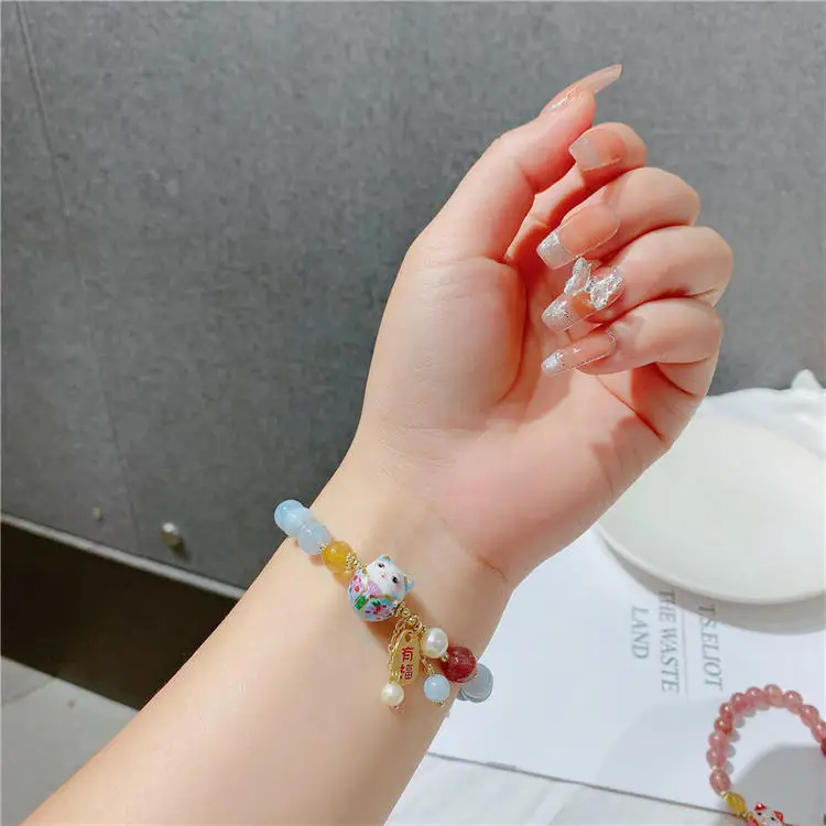 New Arrival Sweet Ceramics Cat Design Natural Amazonite Stone & Freshwater Pearl & Strawberry Quartz Female Bracelet Gifts - Image 2