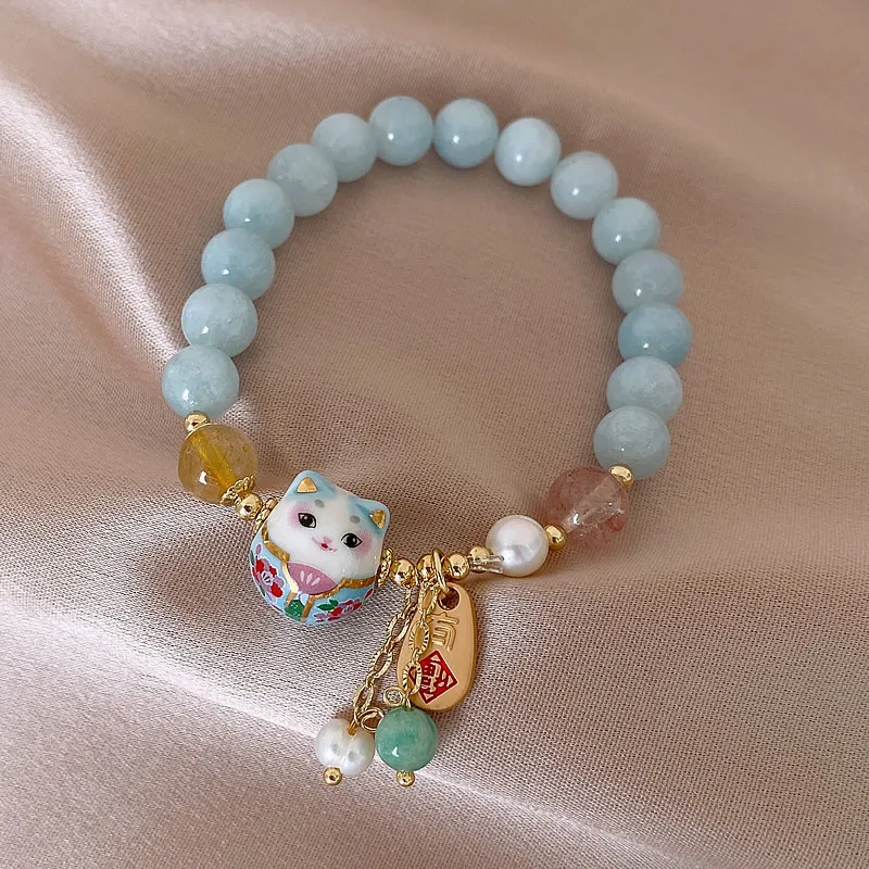 New Arrival Sweet Ceramics Cat Design Natural Amazonite Stone & Freshwater Pearl & Strawberry Quartz Female Bracelet Gifts - Image 3