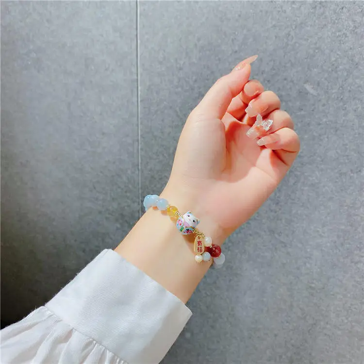 New Arrival Sweet Ceramics Cat Design Natural Amazonite Stone & Freshwater Pearl & Strawberry Quartz Female Bracelet Gifts - Image 4