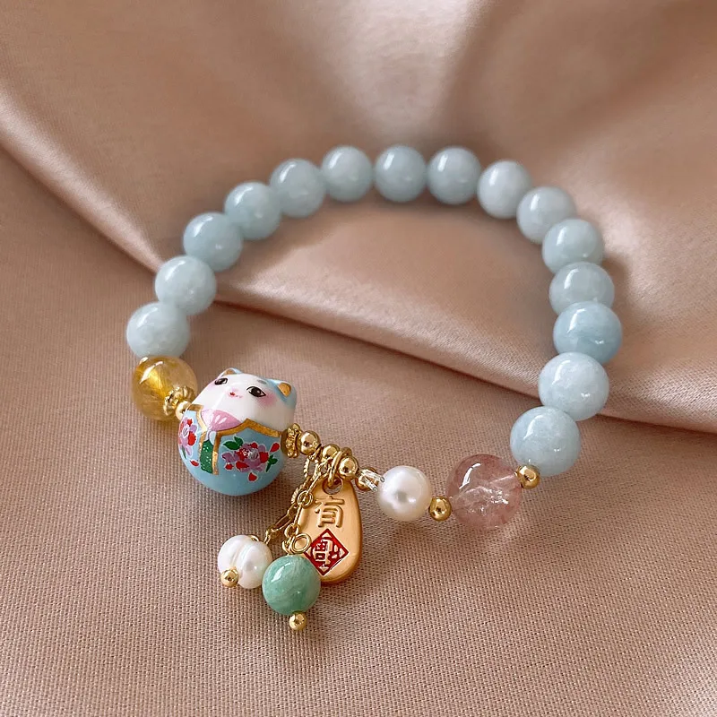 New Arrival Sweet Ceramics Cat Design Natural Amazonite Stone & Freshwater Pearl & Strawberry Quartz Female Bracelet Gifts - Image 5