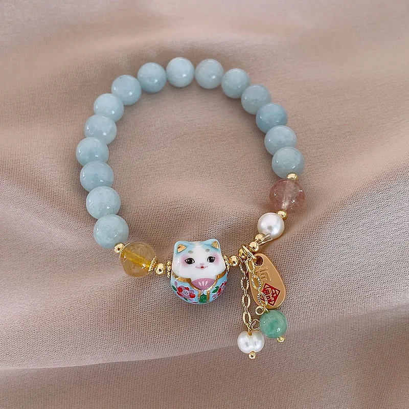 New Arrival Sweet Ceramics Cat Design Natural Amazonite Stone & Freshwater Pearl & Strawberry Quartz Female Bracelet Gifts