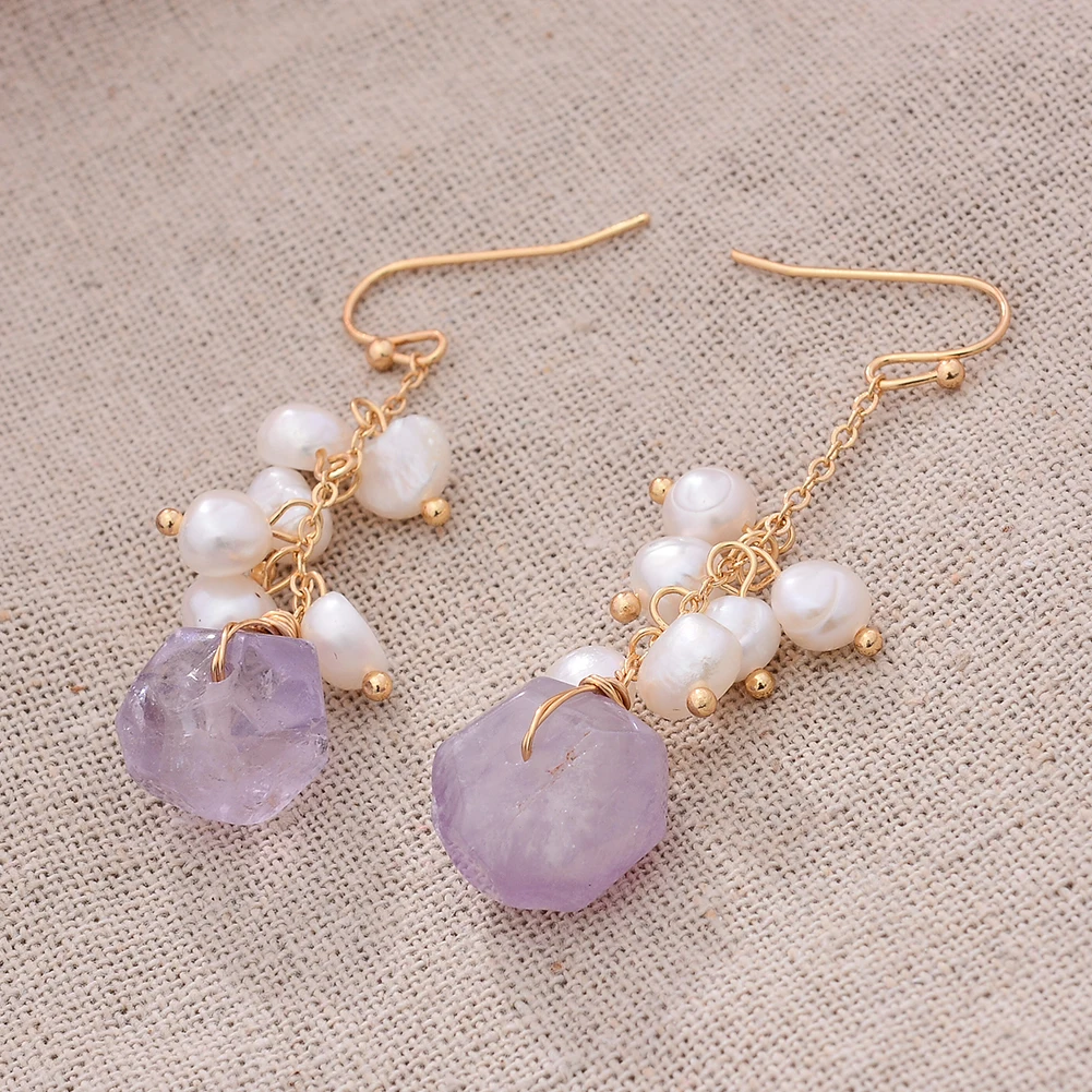 Original Handmade 14K Gold Filled Natural Freshwater Pearl Irregular Amethyst Ladies Drop Earrings Jewelry Women Wedding Gift - Image 3