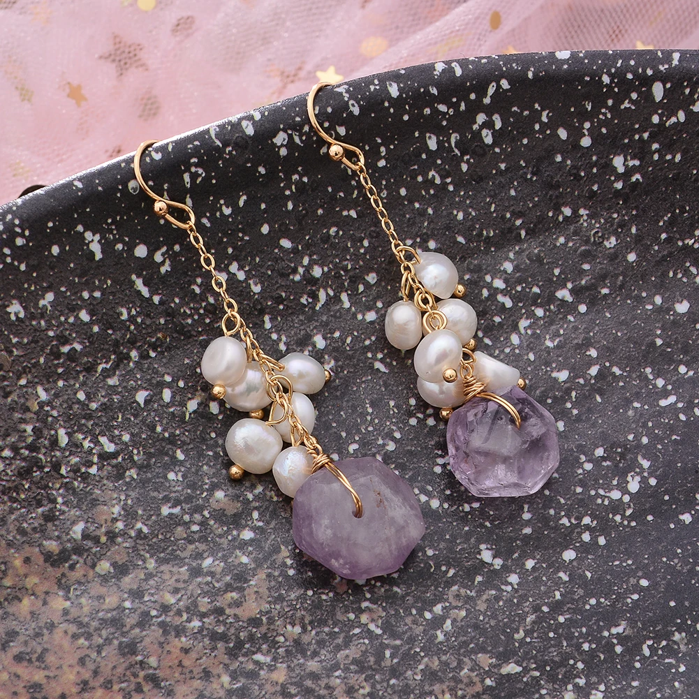 Original Handmade 14K Gold Filled Natural Freshwater Pearl Irregular Amethyst Ladies Drop Earrings Jewelry Women Wedding Gift - Image 5