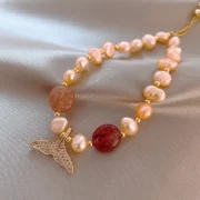 Sweet Fish Tail Design Original Jewelry Baroque Freshwater Pearl & Strawberry Quartz 14K Gold Filled Ladies Bracelet Gifts