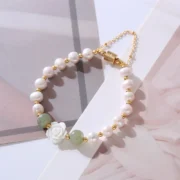 Sweet Rose Flower Natural Freshwater Pearl & Jade Stone Magnetic Buckle 14K Gold Filled Female Charm Bracelet Jewelry For Women