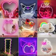 Hello Kitty Kuromi LED Neon Light Mirror Acrylic Makeup Vanity Mirror Bedroom Decor for Girls Women Gifts
